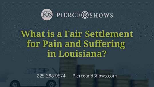 This image is a website poster with the text "What is a Fair Settlement for Pain and Suffering in Louisiana?" and contact information.